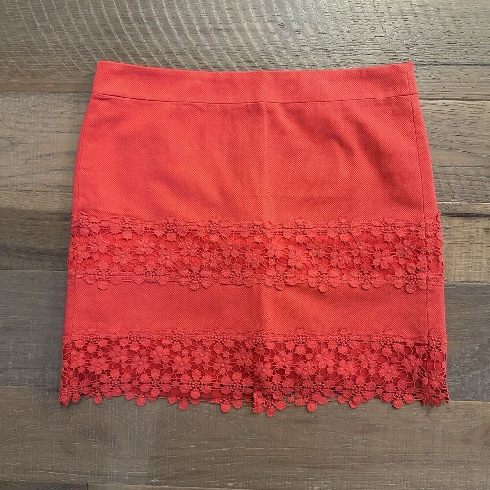 J Crew Mini Skirt Sz4 Hot Pink Red Daisy Lace Floral Cotton Scalloped 70s